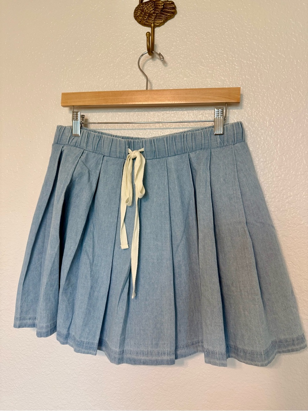ENTRO light Blue Pleated Denim Skirt with Drawstring